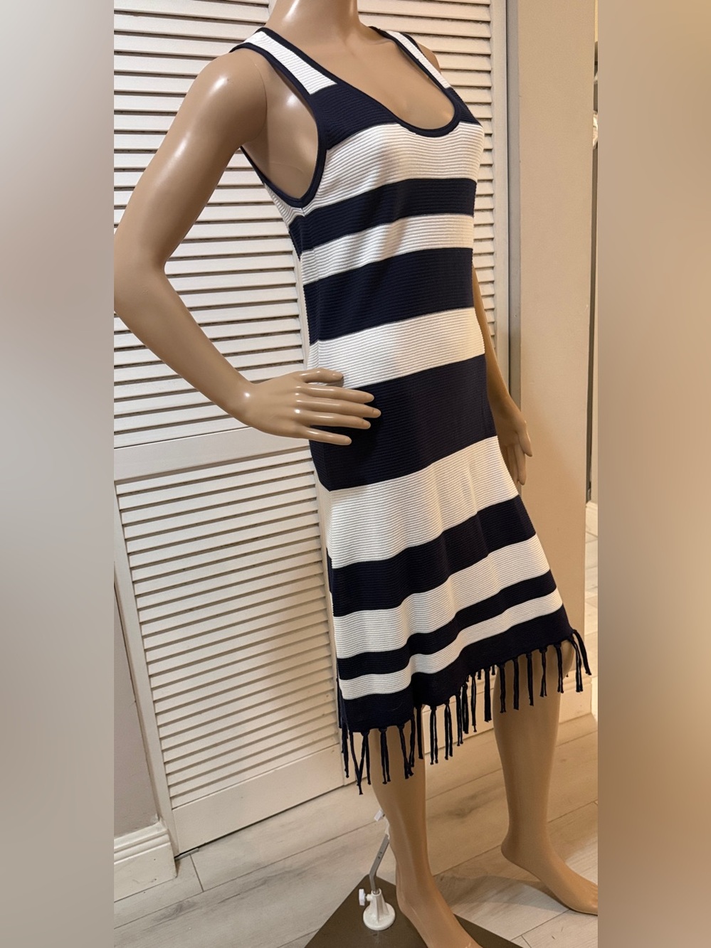 Tommy Bahama Striped Knit Tank Dress Fringe Hem Navy White Resort S